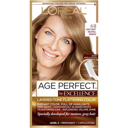 L'Oreal Paris Age Perfect Permanent Hair Color, 6B Light Soft Neutral Brown, Gray Coverage, 1 kit