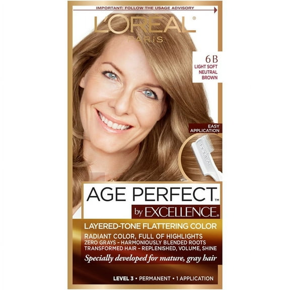 L'Oreal Paris Age Perfect Permanent Hair Color, 6B Light Soft Neutral Brown, Gray Coverage, 1 kit