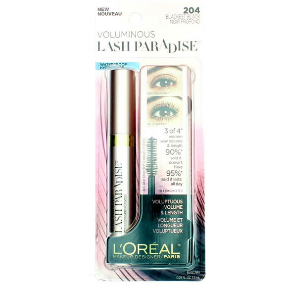 L'Oreal Paris Cosmetics Voluminous Lash Paradise Waterproof Mascara, Blackest Black 0.25 oz (Pack of 4)