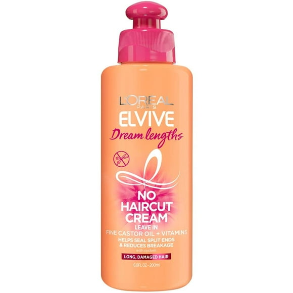 LOreal Paris Elvive Dream Lengths No Haircut Cream Leave in Conditioner With Fine Castor Oil & Vitamins B3 & B5 for Long, Damaged Hair, Helps Seal Split Ends & Reduces Breakage With System 6.8 FL. Oz
