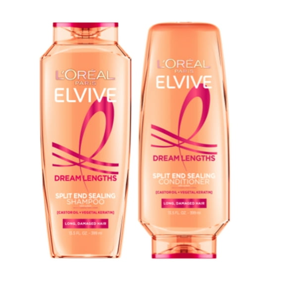 L'Oreal Paris Elvive Dream Lengths Restoring Shampoo and Detangler Conditioner Set with Castor Oil, 13.5 fl oz