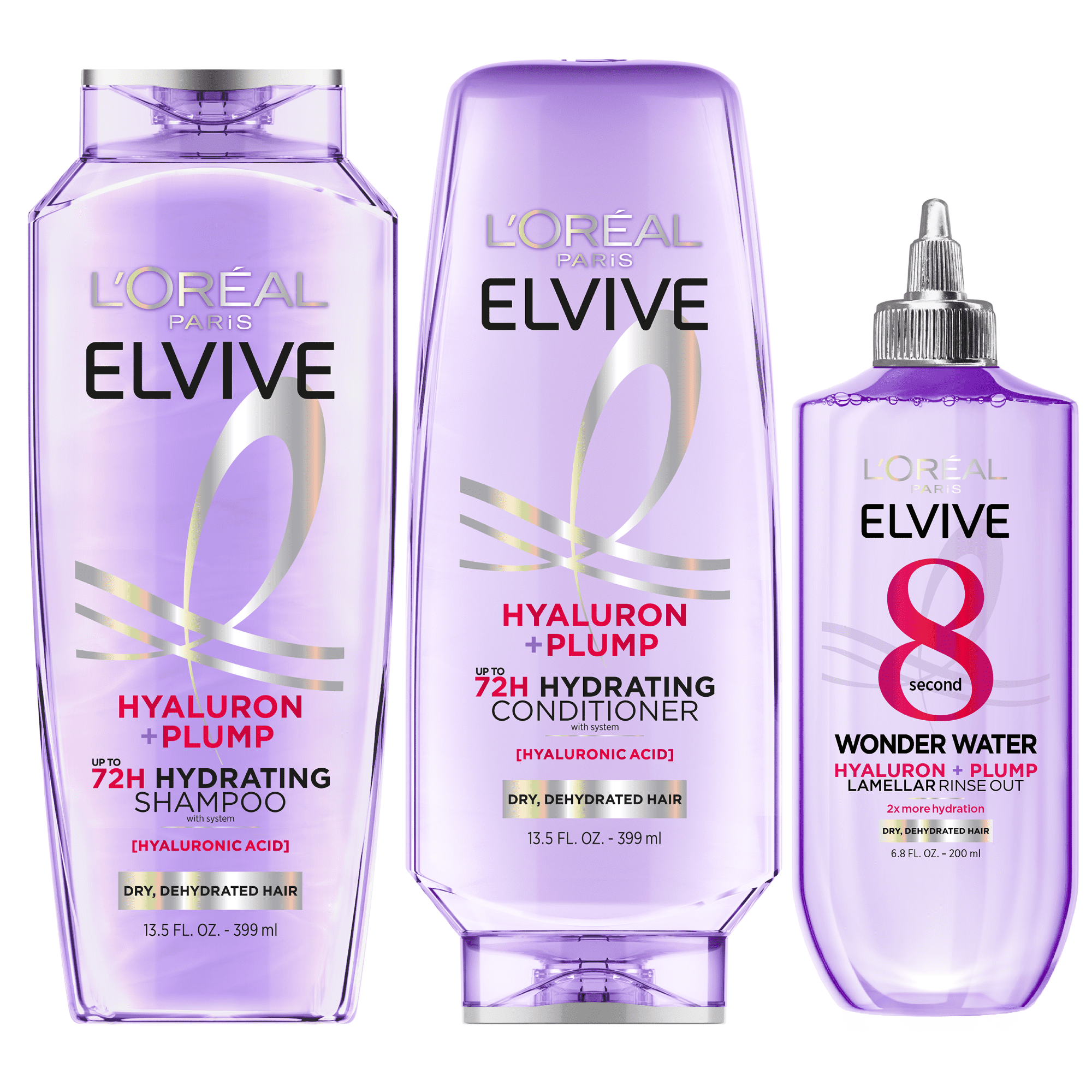 L'Oreal Paris Elvive Hyaluron Plump 72H Hydrating Shampoo, Conditioner, \u0026  Wonder Water Set, 13.5 fl oz, image size:2000x2000