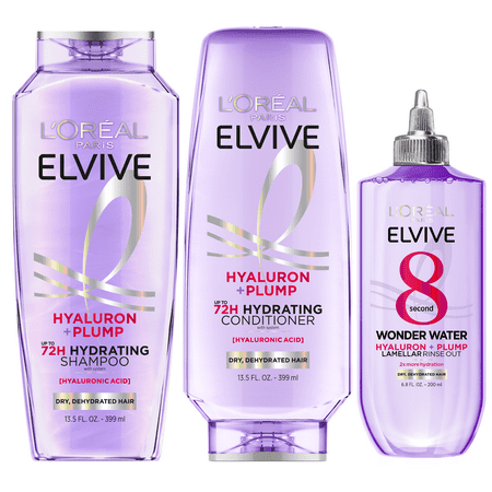 L'Oreal Paris Elvive Hyaluron Plump 72H Hydrating Shampoo, Conditioner, & Wonder Water Set, 13.5 fl oz