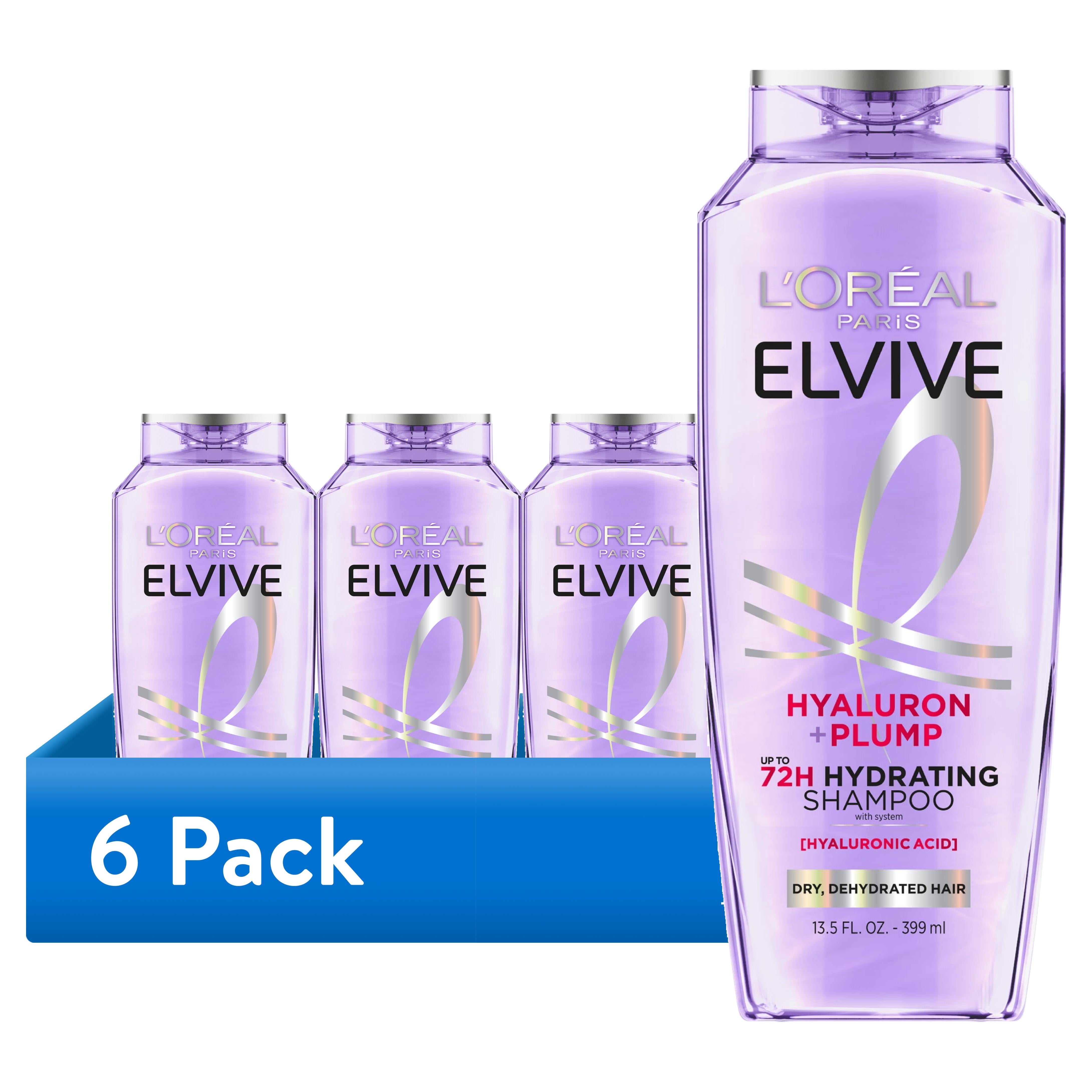 (6 pack) L'Oreal Paris Elvive Hyaluron Plump Hydrating Shampoo, 72H Intense Moisture, Squeeze, 13.5 fl oz