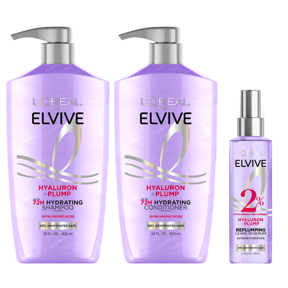 L'Oreal Paris Elvive Hyaluron Plump Hydrating Shampoo, Conditioner, and Serum Set with Hyaluronic Acid, 26.5 fl oz