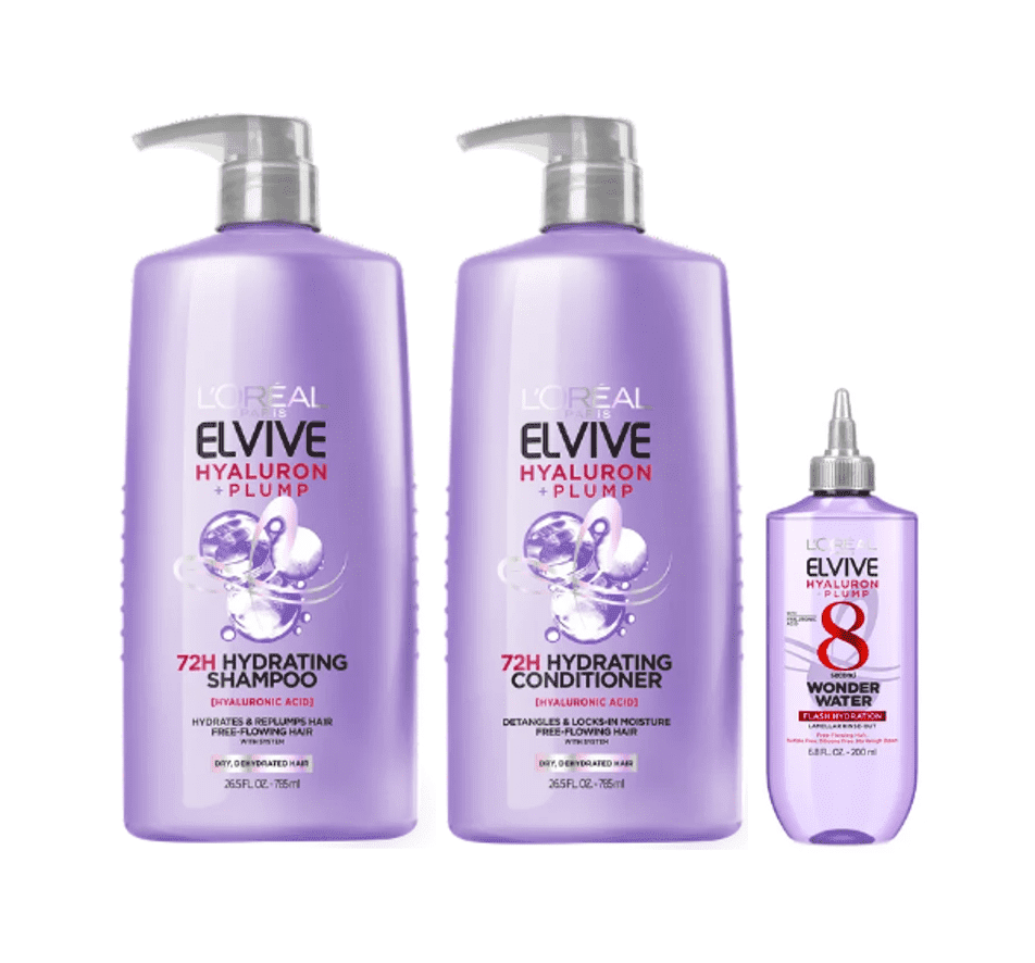 L'Oreal Paris Elvive Hyaluron Plump Hydrating Shampoo, Conditioner, and Wonder Water Set with Hyaluronic Acid, 26.5 fl oz