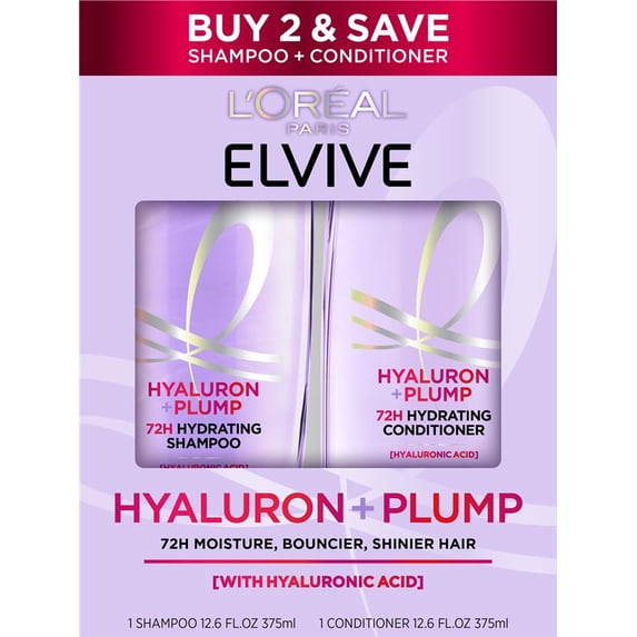 L'Oreal Paris Elvive Hyaluron Plump Hydrating Shampoo & Conditioner Set, Fresh, 25.2 fl oz