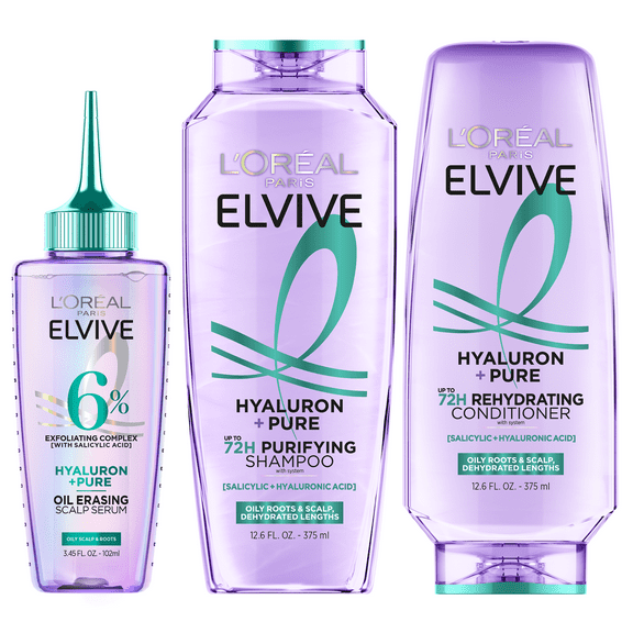 L'Oreal Paris Elvive Hyaluron Pure Shampoo, Conditioner, and Serum Set for Oily Hair, 13.5 fl oz