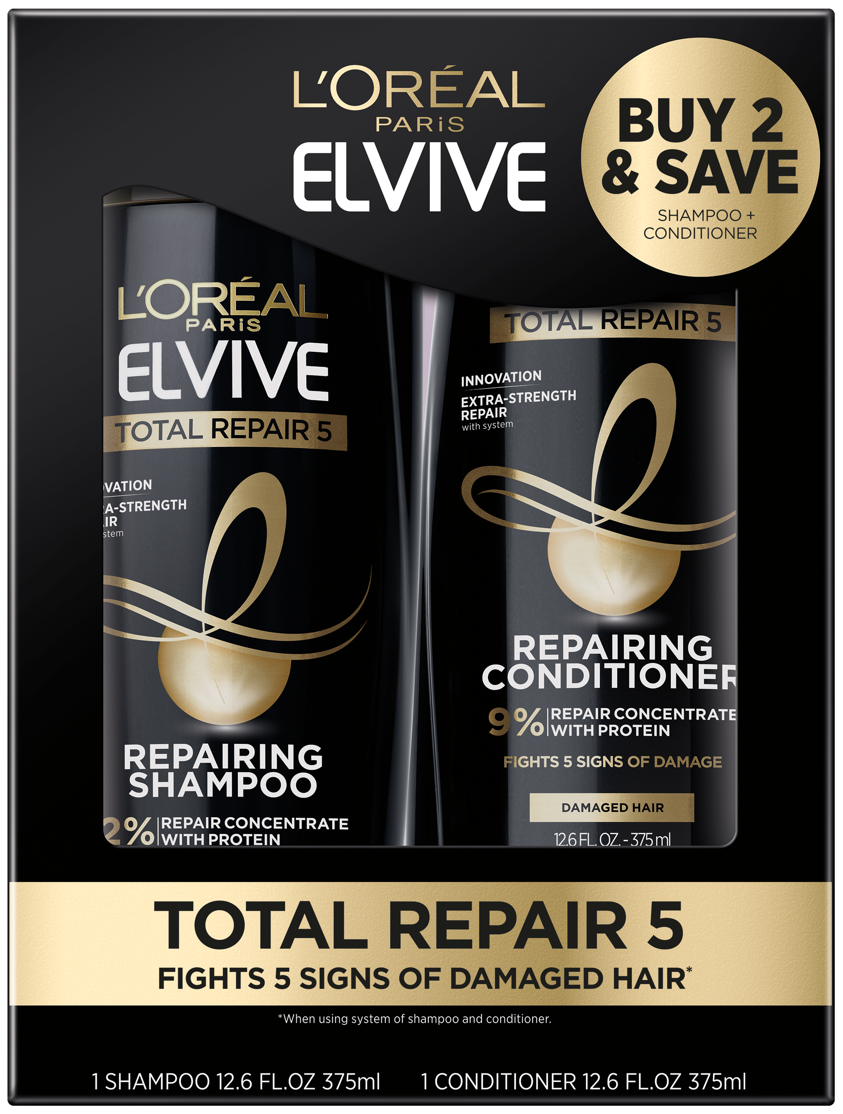 L'Oreal Paris Elvive Total Repair 5 Repairing Shampoo and Conditioner Set, 2 Piece Set - image 1 of 10