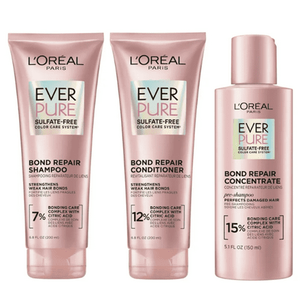 L'Oreal Paris EverPure Sulfate Free Bond Strengthening Shampoo, Conditioner, & Pre Shampoo Treatment Set, 6.8 fl oz