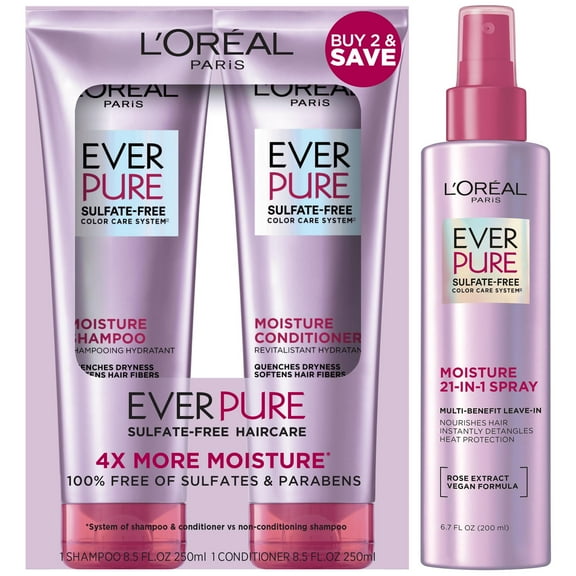 L'Oreal Paris EverPure Sulfate Free Moisture Shampoo, Conditioner, & Leave-in Color Caring Spray Set, 8.5 fl oz
