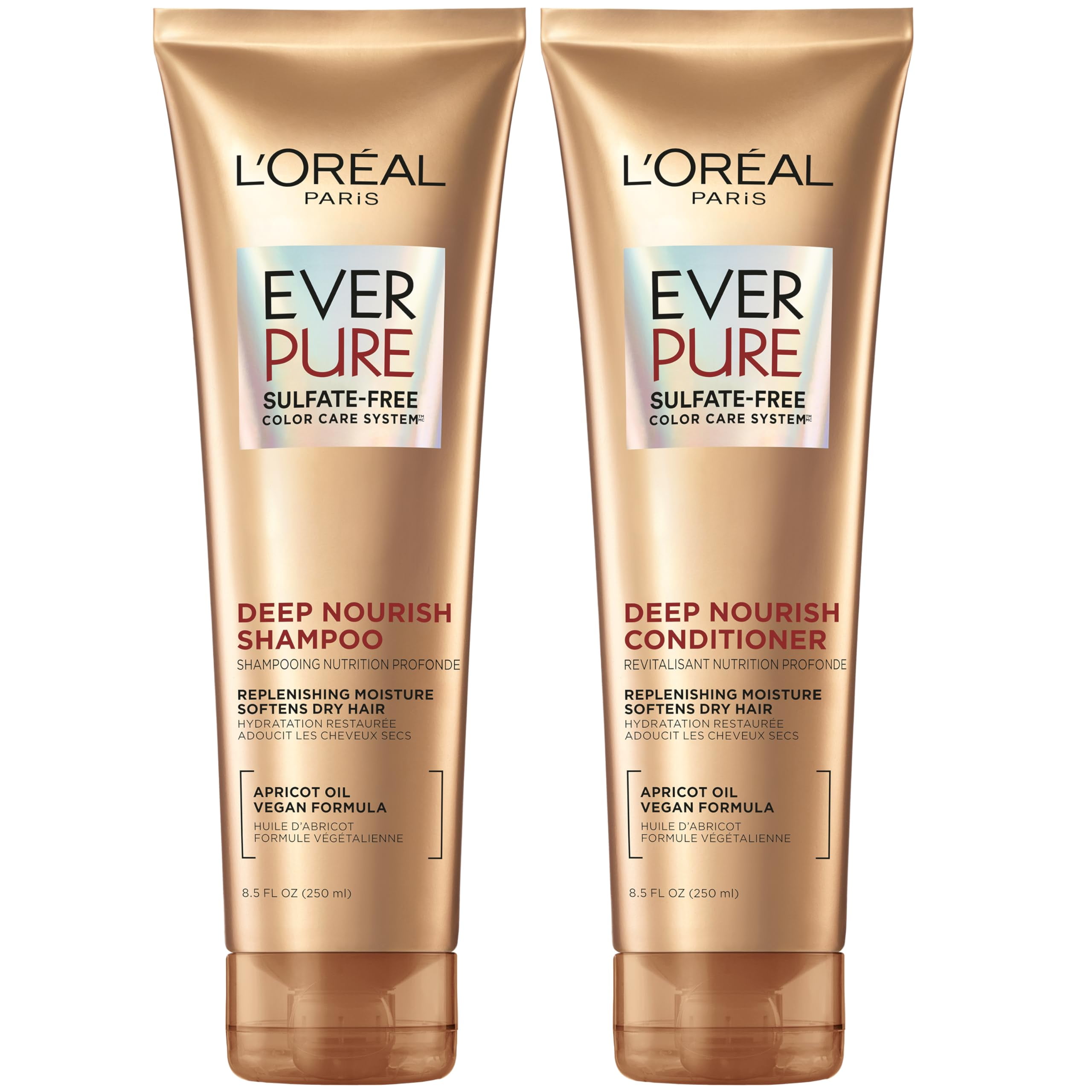 L Oreal Paris EverPure Sulfate Free Shampoo and Conditioner Set Triple Action Hydration for Brittle or Color Treated Hair Apricot Oil Infused 8.5