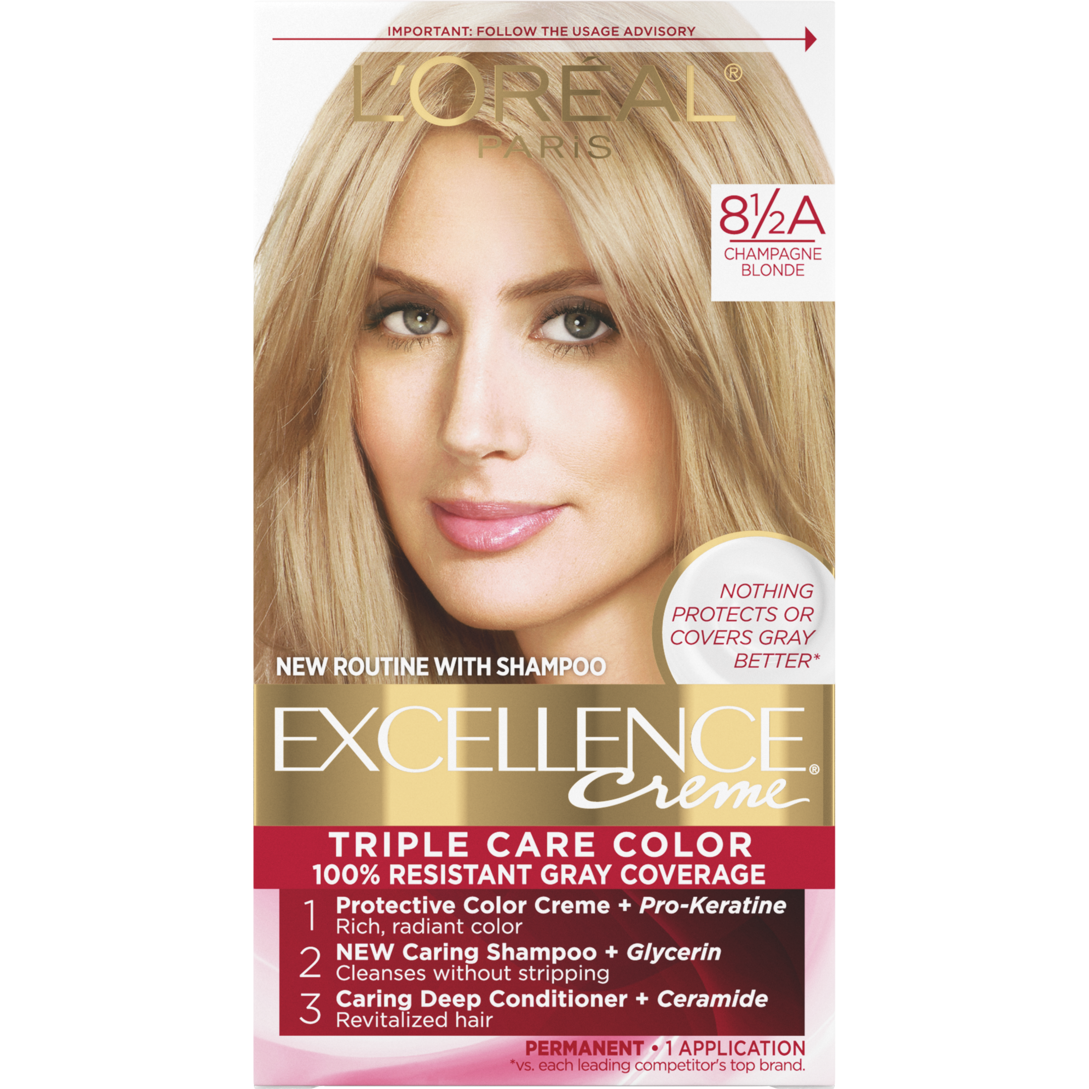 L'Oreal Paris Excellence Creme Level 3 Permanent Hair Color Kit, 8 1/2A Champagne Blonde - image 1 of 8