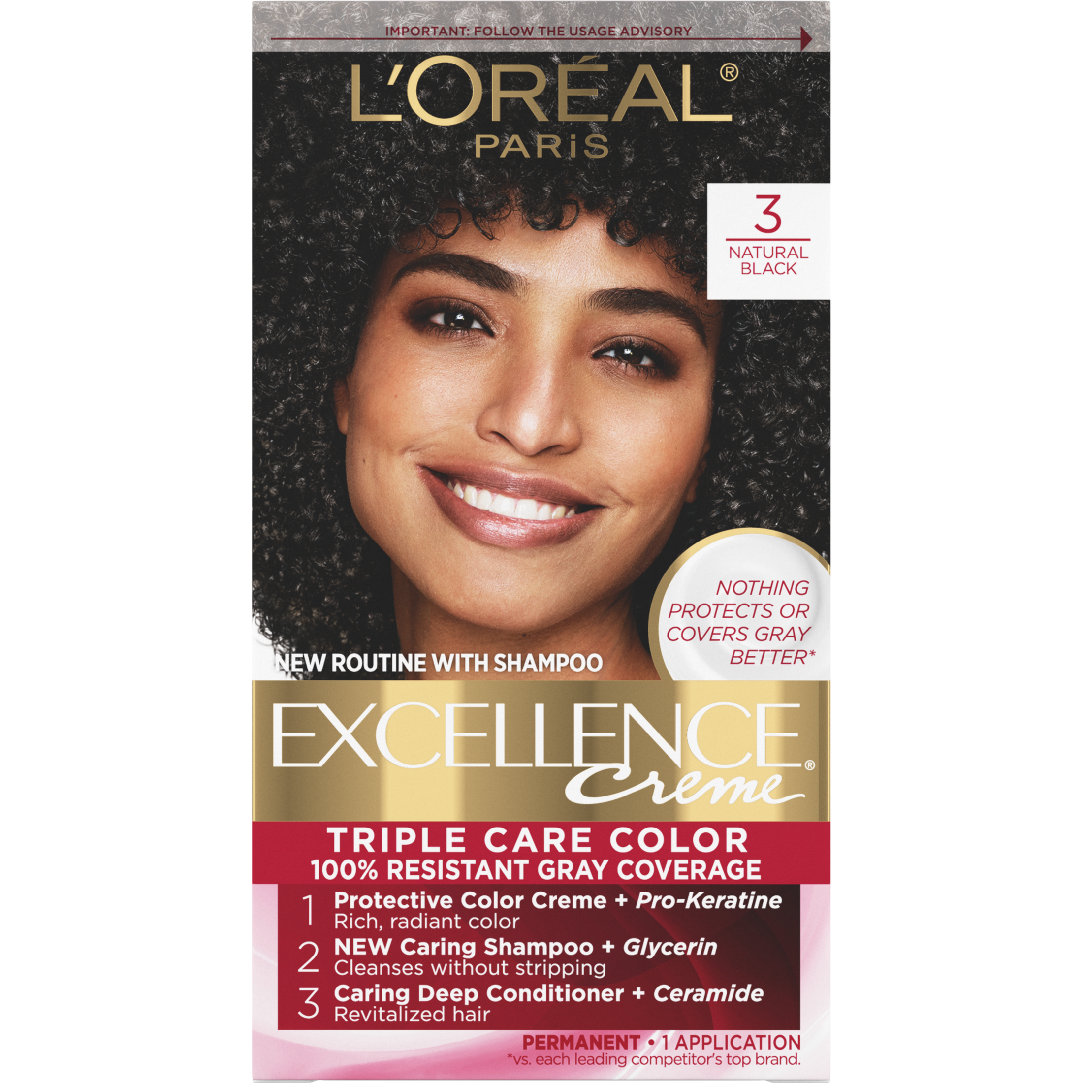 L'Oreal Paris Excellence Creme Permanent Hair Color, 3 Natural Black - image 1 of 7