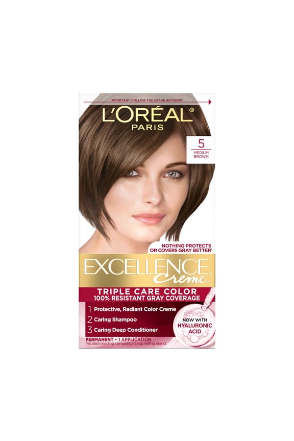 L'Oreal Paris Excellence Creme Permanent Hair Color, 5 Medium Brown, Triple Protection, 1 Kit