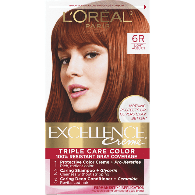 L'Oreal Paris Excellence Creme Permanent Hair Color, 6R Light Auburn