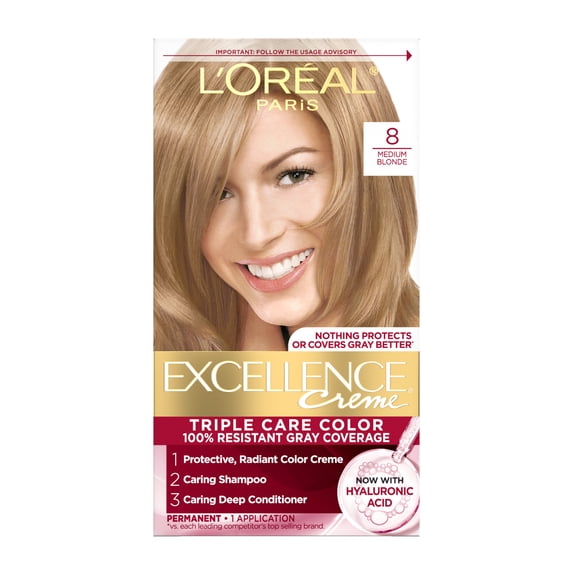 L'Oreal Paris Excellence Creme Permanent Triple Protection Hair Color, 8 Medium Blonde, 1 Kit