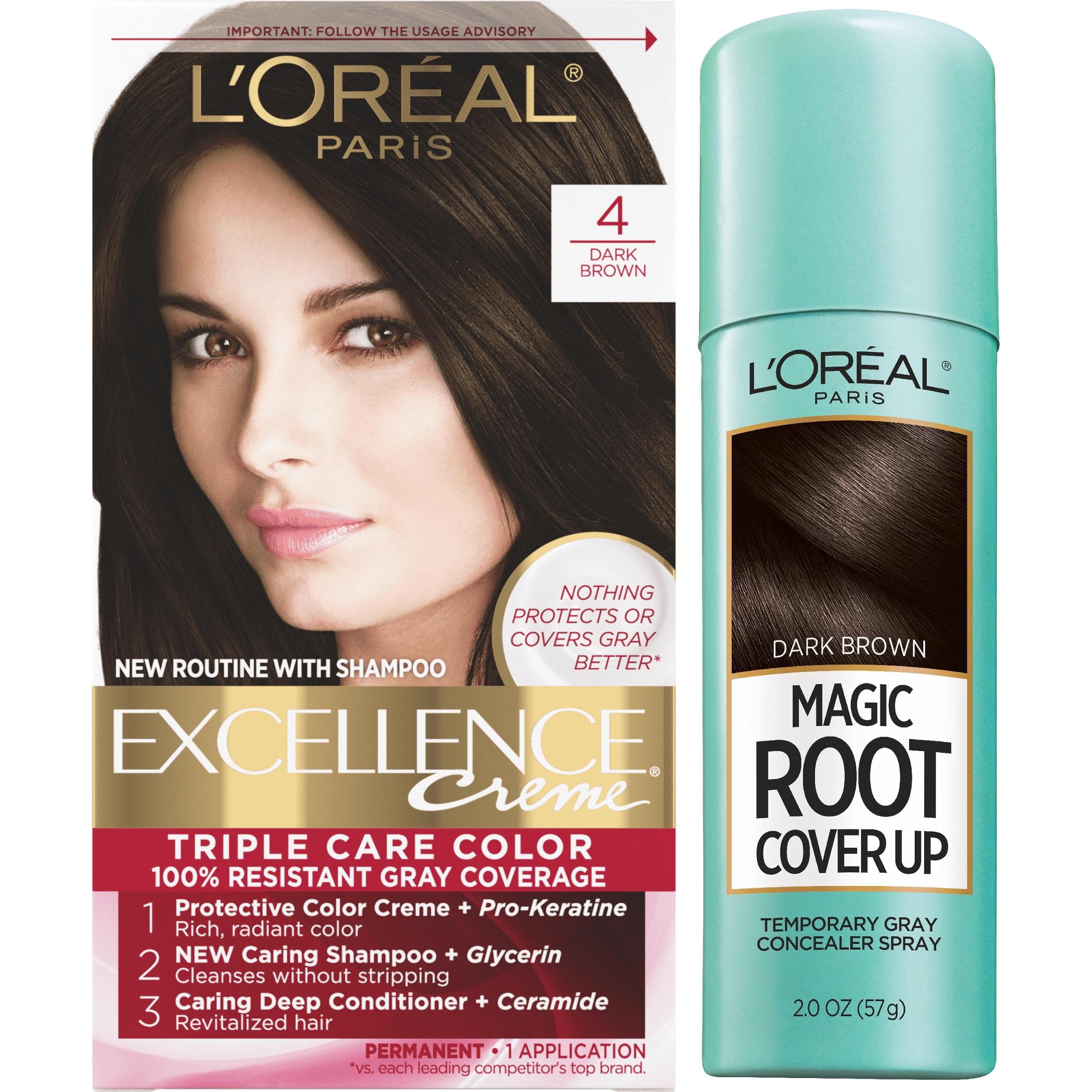 L'Oreal Paris Excellence Creme Permanent Hair Color + Magic Root Cover Up Set, Dark Brown