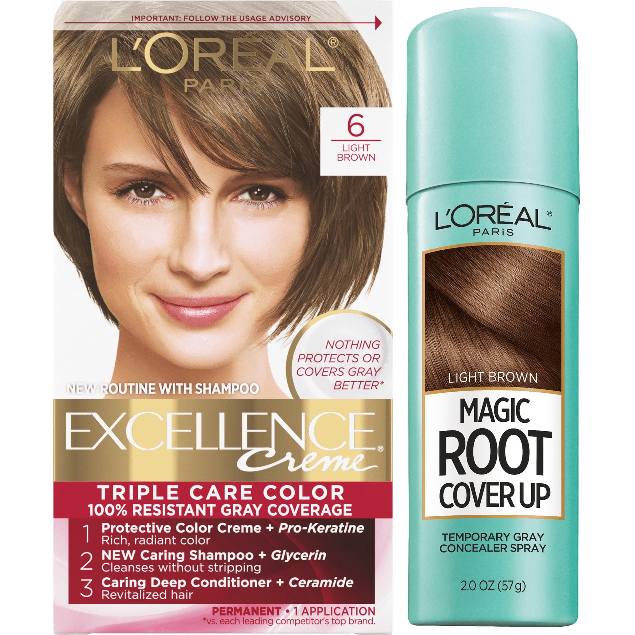 L'Oreal Paris Excellence Creme Permanent Hair Color + Magic Root Cover Up Set, Light Brown