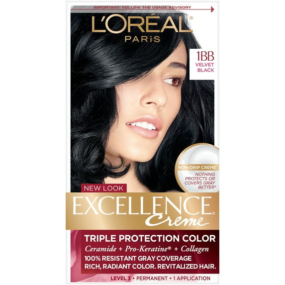 L'Oreal Paris Excellence Creme Permanent Triple Protection Hair Color, 1BB Velvet Black, 1 kit