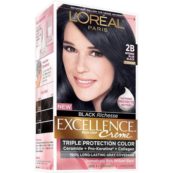 L'Oreal Paris Excellence Creme Permanent Triple Protection Hair Color, 2B Intense Blue Black, 1 Kit