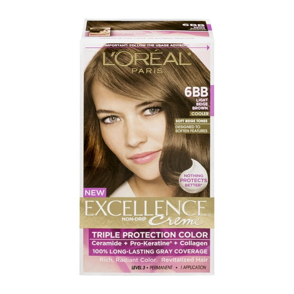 L'Oreal Paris Excellence Creme Permanent Triple Protection Hair Color, 6BB Light Beige Brown, 1 Kit