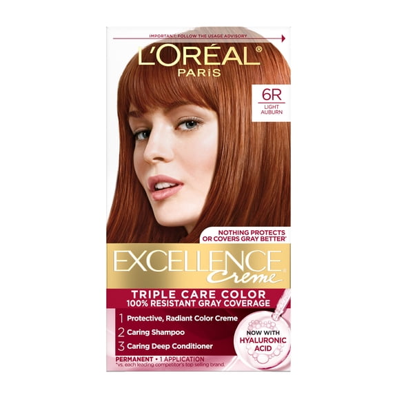 L'Oreal Paris Excellence Creme Permanent Triple Protection Hair Color, 6R Light Auburn, 1 Kit
