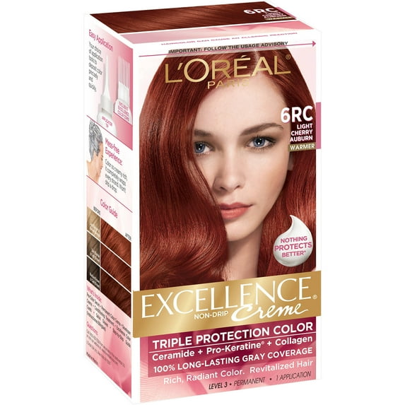 L'Oreal Paris Excellence Creme Permanent Triple Protection Hair Color, 6RC Light Cherry Auburn, 1 kit