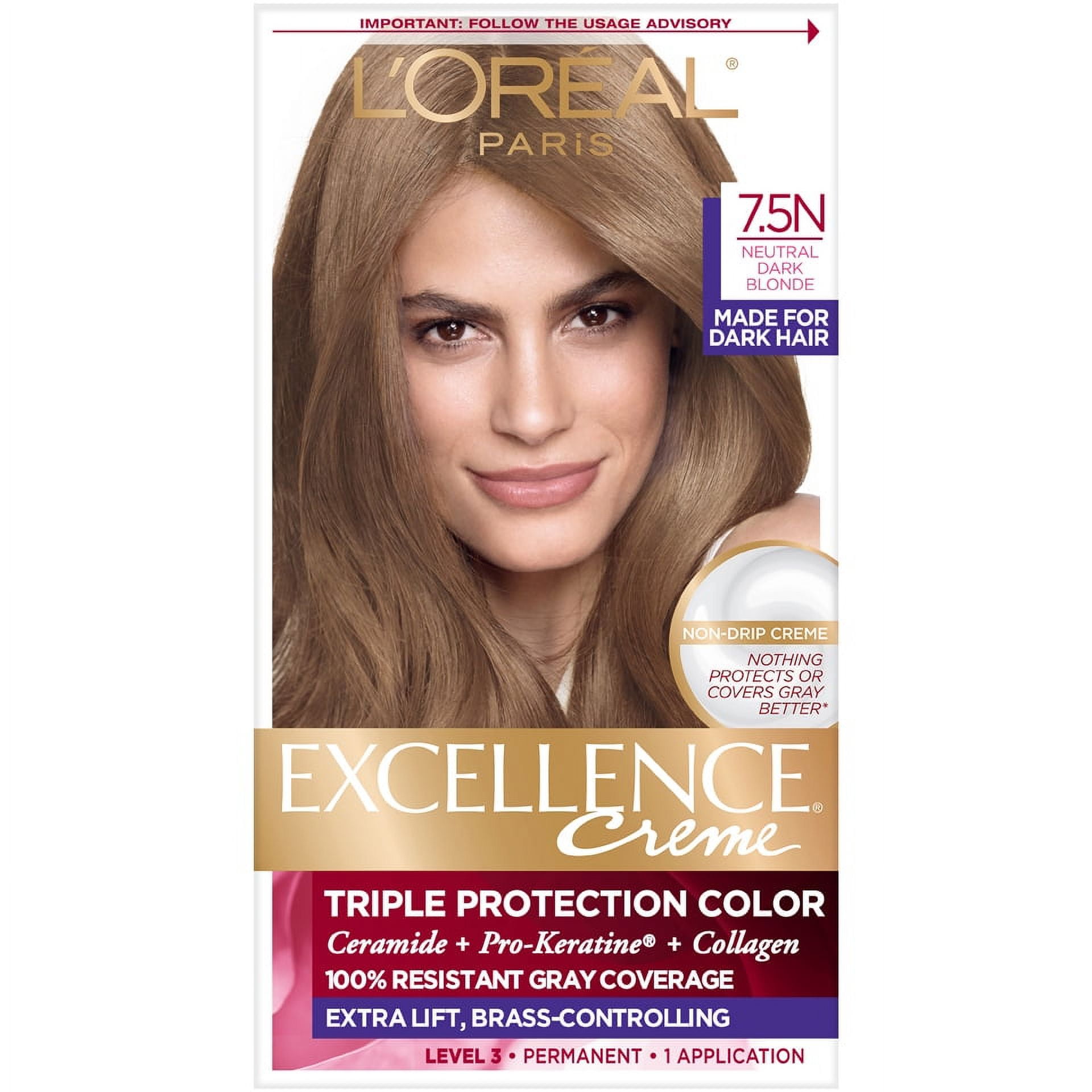 L'Oreal Paris Excellence Creme Permanent Triple Protection Hair Color, 7.5N Dark Neutral Blonde, 1 kit