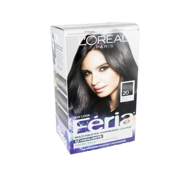 L'Oreal Paris Feria Multi-Faceted Shimmering Permanent Hair Color, 20 Black Leather (Natural Black), Pack of 1, Hair Dye