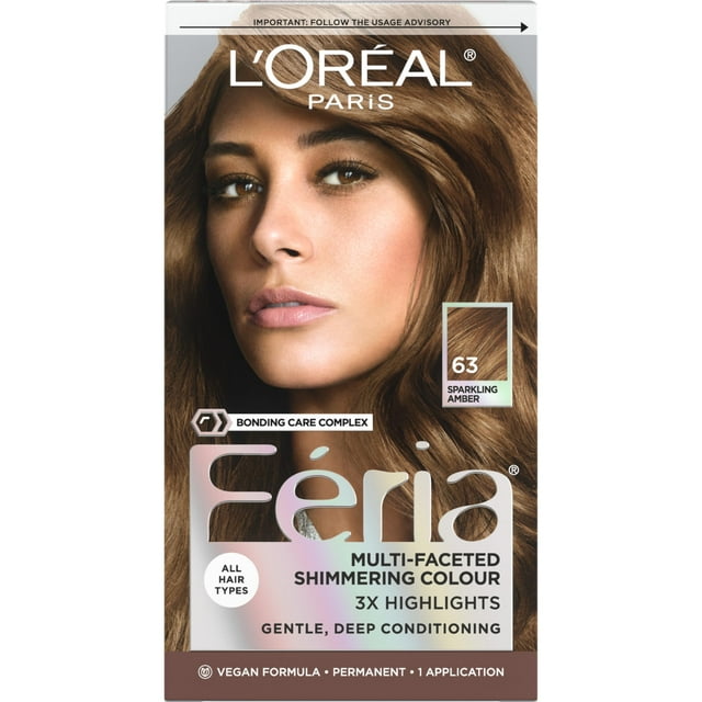 L,Oreal Paris Feria Multi-Faceted Shimmering Permanent Hair Color, 63 Sparkling Amber (Light Golden Brown), Pack Of 1, Hair Dye