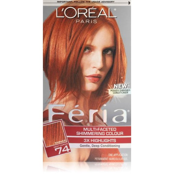 L'Oreal Paris Feria Multi-Faceted Shimmering Permanent Hair Color, 74 Deep Copper, 1 kit