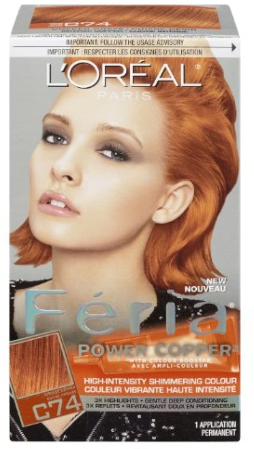 L'Oreal Paris Feria Multi-Faceted Shimmering Permanent Hair Color, C74 Copper Crave (Intense Copper), 1 Kit, 4-Pack