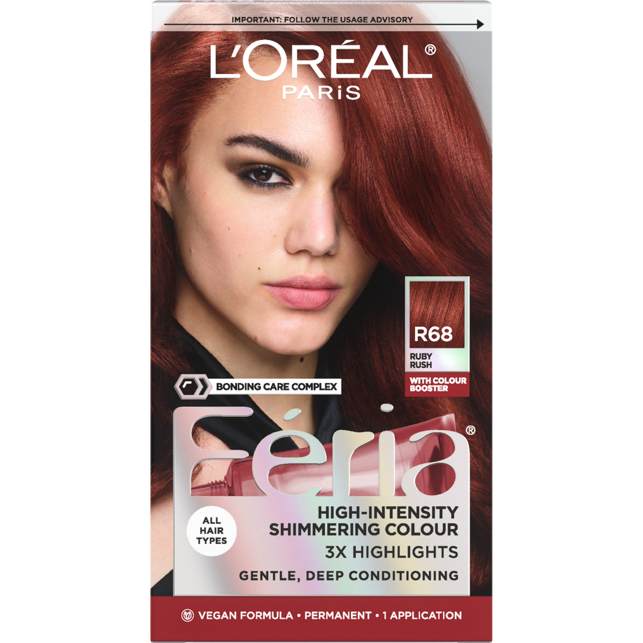 L'Oreal Paris Feria Multi-Faceted Shimmering Permanent Hair Color Kit, R68 Ruby Rush - image 1 of 9
