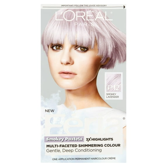 L'Oreal Paris Feria Multi-Faceted Shimmering Permanent Hair Color, P12 Lavender Dusk (Smokey Lavender), 1 kit