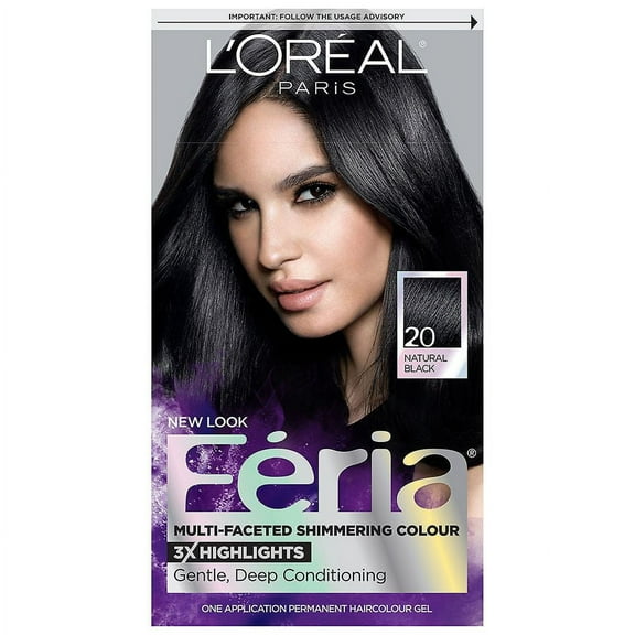 L'Oreal Paris Feria Multi-Faceted Shimmering Permanent Hair Color, 20 Black Leather (Natural Black), Pack of 1, Hair Dye