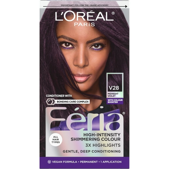 L'Oreal Paris Feria Shimmering Permanent Hair Color, V28 Midnight Violet (Deepest Violet), 1 Kit