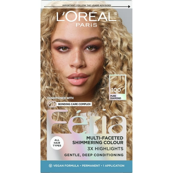 L'Oreal Paris Feria Shimmering Permanent Hair Color, 100 Pure Diamond (Very Light Blonde), 1 kit
