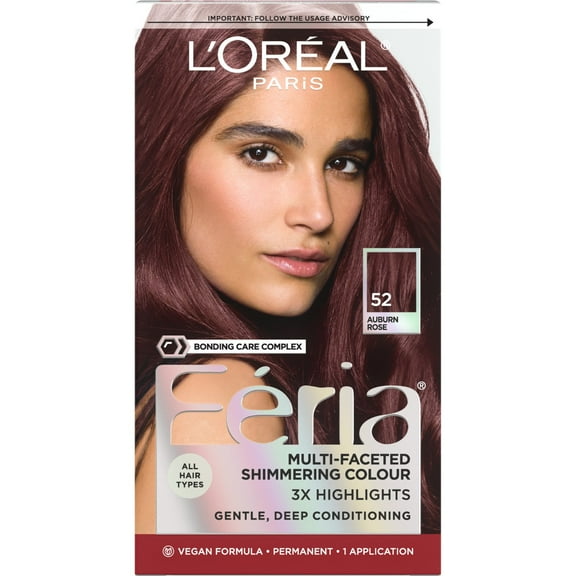 L'Oreal Paris Feria Shimmering Permanent Hair Color, 52 Auburn Rose (Medium Reddish Brown), Unisex, 1 Kit