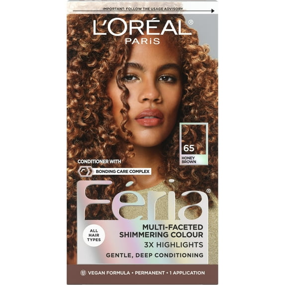 L'Oreal Paris Feria Shimmering Permanent Hair Color, 65 Honey Brown, 1 Kit