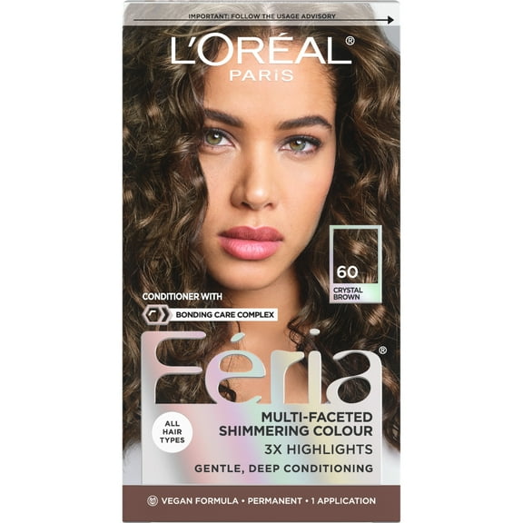 L'Oreal Paris Feria Shimmering Permanent Hair Color, Crystal Brown, 40 Percent Stronger Hair, 1 Kit