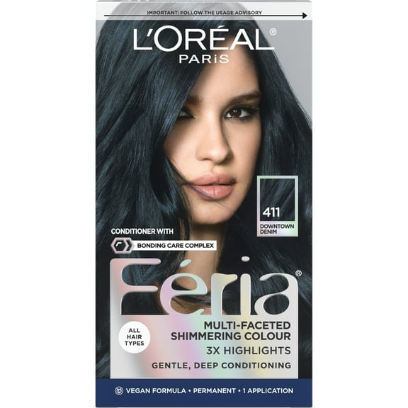 L'Oreal Paris Feria Shimmering Permanent Hair Color, Downtown Denim (Dark Blue Brown), 1 Kit