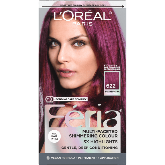 L'Oreal Paris Feria Shimmering Permanent Hair Color, Fuchsia-Cha (Vivid Fuchsia), 1 Kit