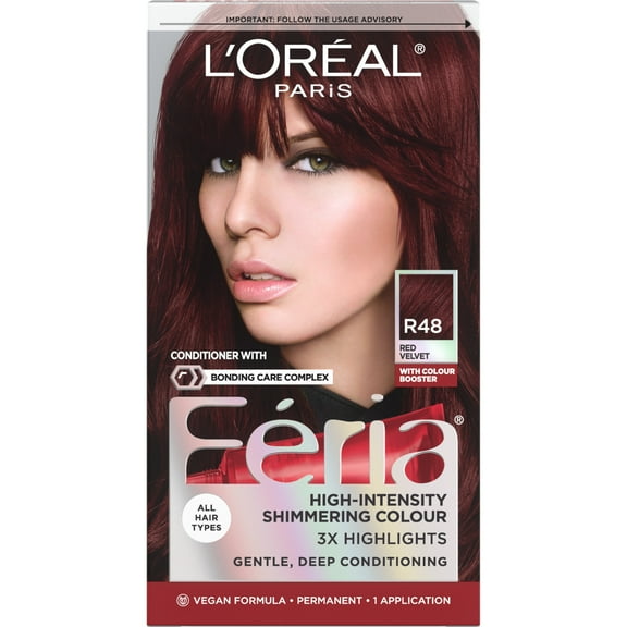 L'Oreal Paris Feria Shimmering Permanent Hair Color, R48 Red Velvet (Intense Deep Auburn), 1 Kit
