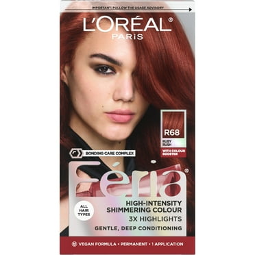 L'Oreal Paris Feria Shimmering Permanent Hair Color, R68 Ruby Rush (Rich Auburn True Red), 1 kit