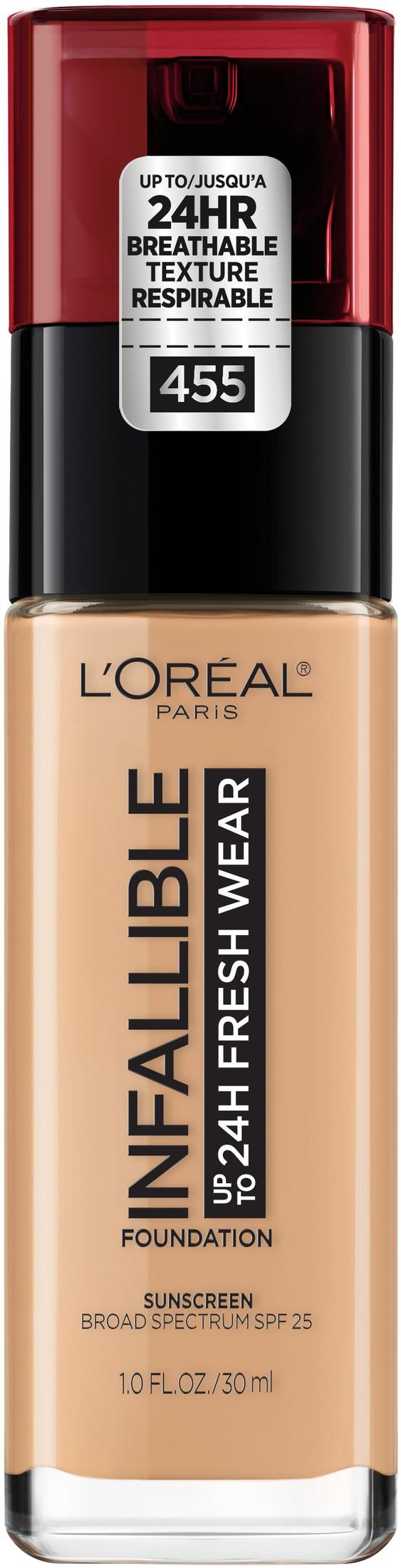 L'Oreal Paris Infallible Fresh Wear 24 Hr Liquid Foundation Makeup, 455 Natural Buff, 1 fl oz - image 1 of 12