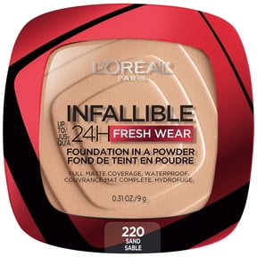 L'Oreal Paris Infallible Fresh Wear 24 Hr Powder Foundation Makeup, 220 Sand, 0.31 oz