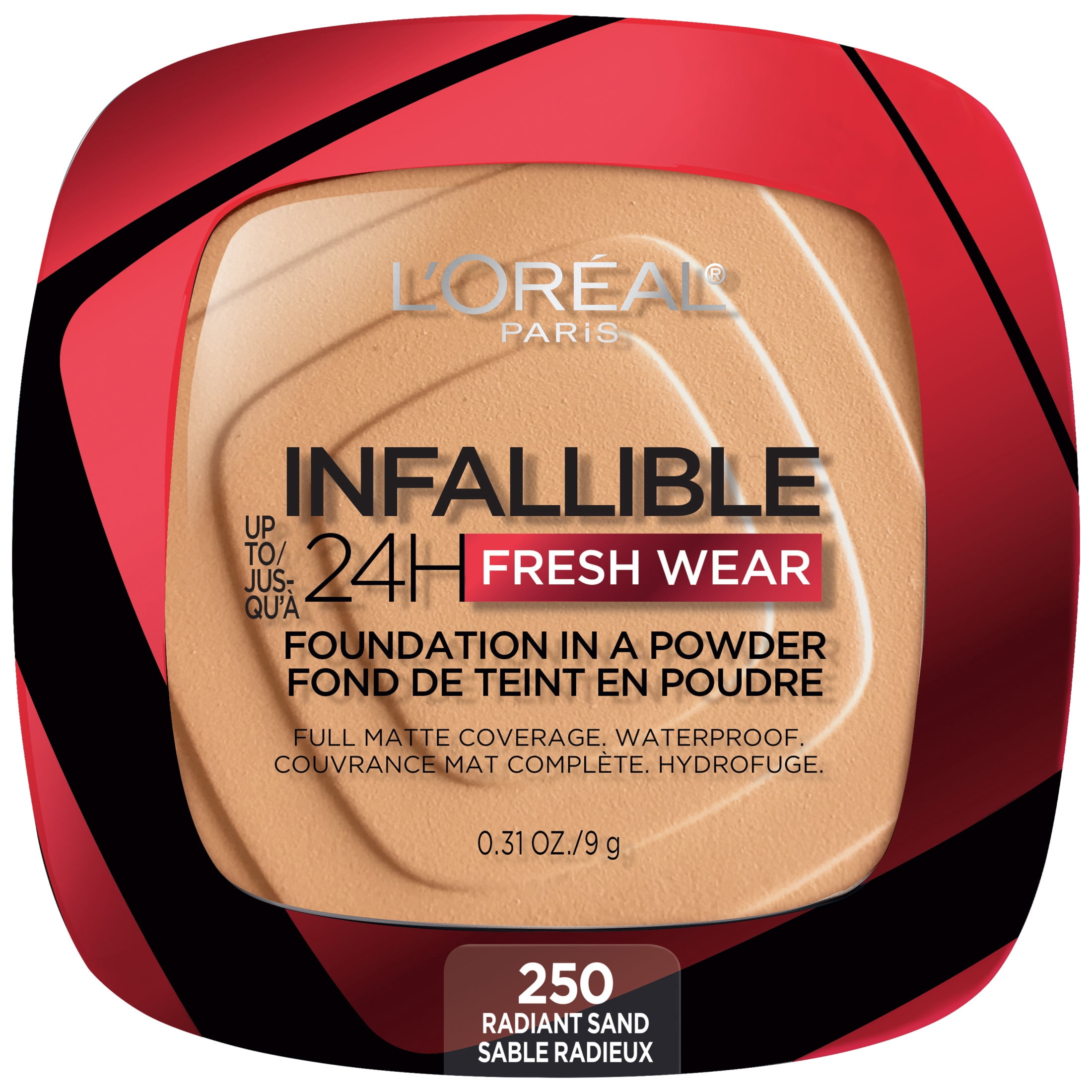 L'Oreal Paris Infallible Fresh Wear 24 Hr Powder Foundation Makeup, 250 Radiant Sant, 0.31 oz