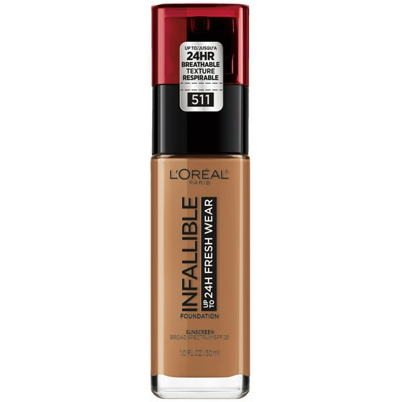 L'Oreal Paris Infallible Fresh Wear 24 Hr Liquid Foundation Makeup, 511 Maple, 1 oz