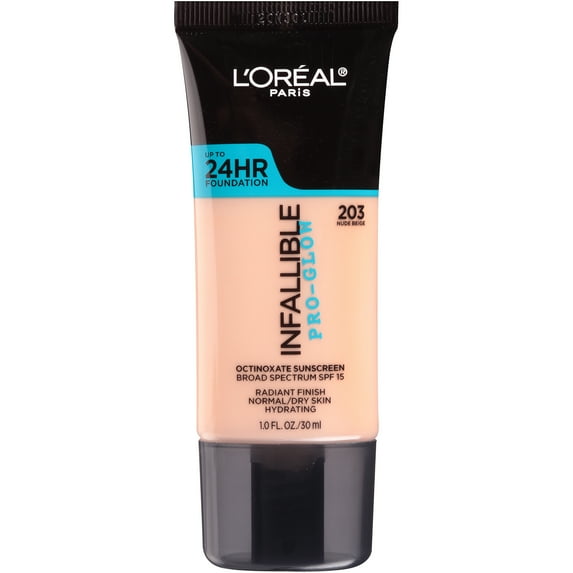 L'Oreal Paris Infallible Pro-Glow Liquid Foundation Makeup, 203 Nude Beige, 1 fl oz